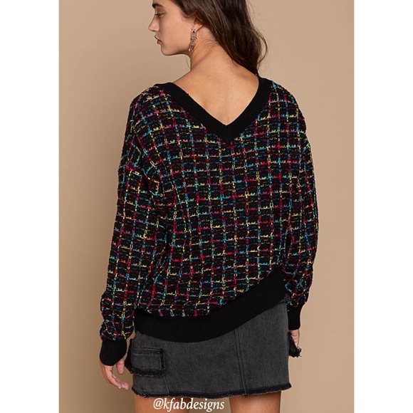 POL! LAST! Stunning On Trend Black w/Multicolor Tweed Front/Back V Neck Sweater - Picture 6 of 7